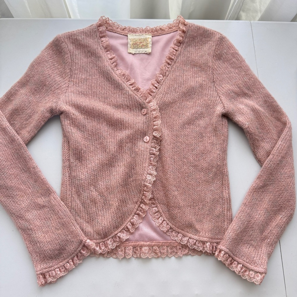 Womens Femme Pink Metallic Knit Lace Trim Cardigan Small Fairy Ethereal coquette